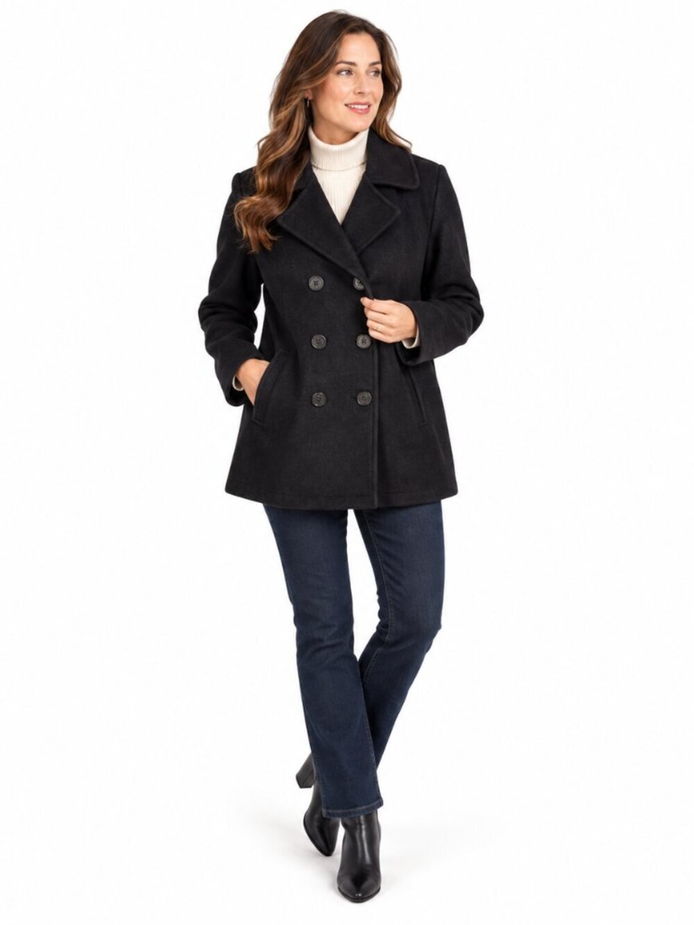Lands End Womens Medium Black Double Breasted Peacoat Red Lining